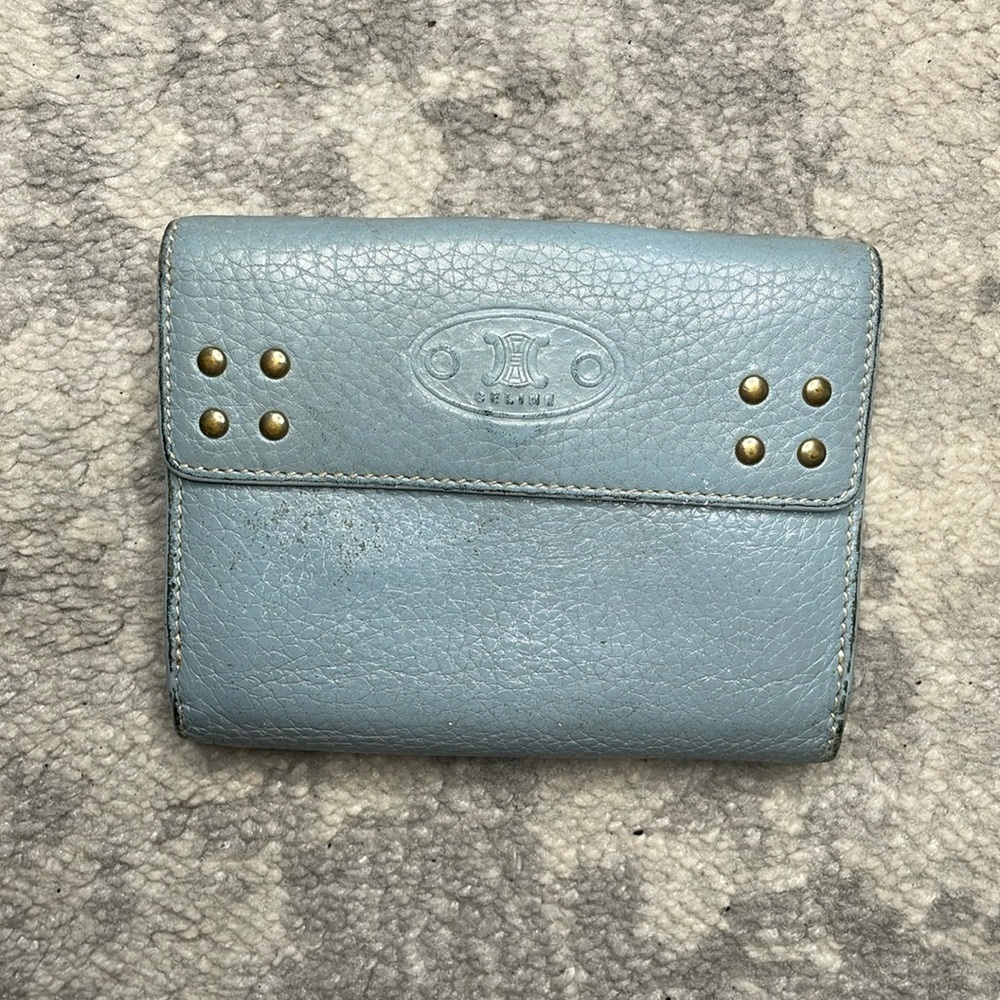Celine Studded Pebbled Leather Compact Wallet Powder Blue Extra Card Holders